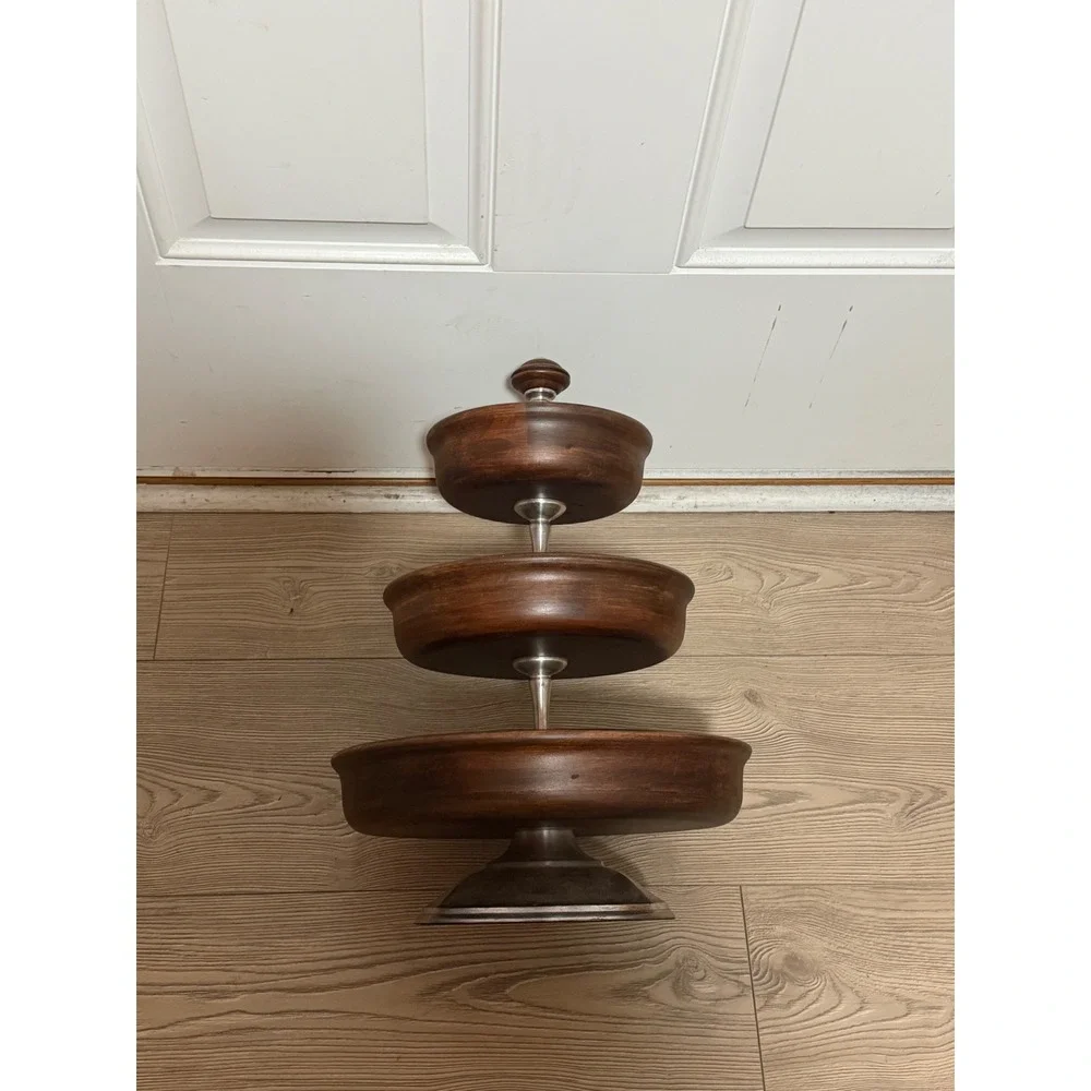 Pottery Barn 3 Tier Wooden Serving Stand Dark Wood Silver Metal Hardware Tray